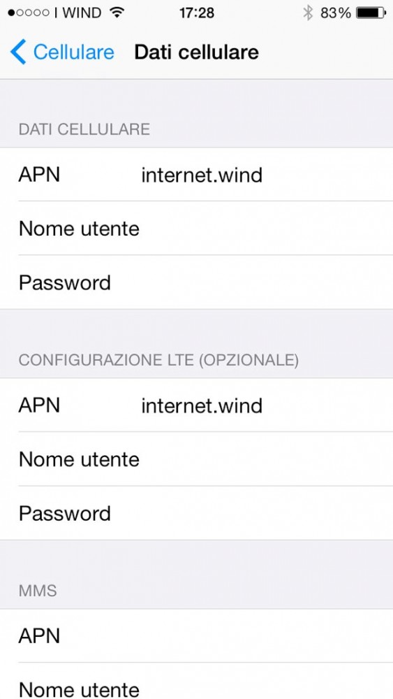 Configurare connessione Internet Wind su iPhone