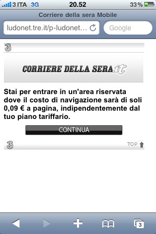 La conferma da 3Italia: navigare sui siti mobile di Corriere della Sera e Repubblica costa 0,09€ a pagina!