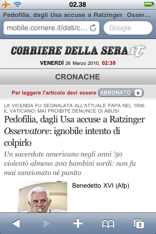 Il sito mobile del “Corriere della Sera” consultabile solo pagando l’abbonamento, anche in WiFi!
