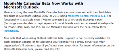 Il nuovo calendario di MobileMe supporta ora Microsoft Outlook