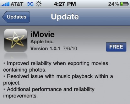 Primo aggiornamento per iMovie su iPhone 4