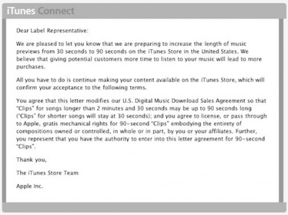 Apple estenderà la durata delle anteprime su iTunes USA da 30 a 90 secondi
