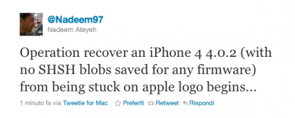 Un hacker tenta di ripristinare iOS 4.0.2 su un iPhone 4 senza aver salvato il certificato SHSH per tale firmware