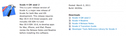 Disponibile XCode 4 GM Seed 2
