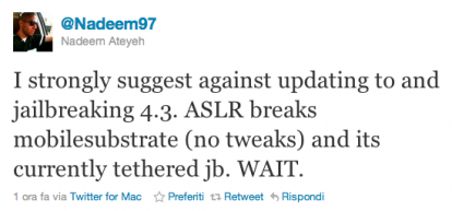 L’utilizzo del MobileSubstrate su iOS 4.3 è ostacolato dal protocollo ASLR