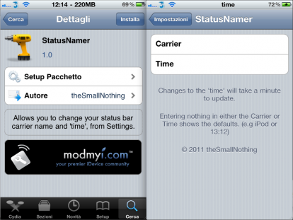 StatusNamer un nuovo tweak che vi permetterà di modificare nome operatore e orologio sulla status bar [Cydia]