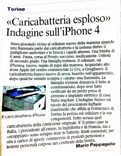 Il caricabatterie di un iPhone 4 brucia a Torino
