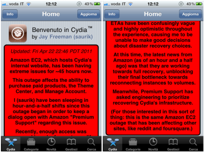 Saurik inserisce un disclaimer in Cydia per informare gli utenti sulla situazione del downtime dei server di Amazon