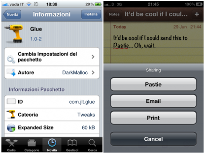 Glue, un nuovo tweak per inviare una nota a Pastie.org