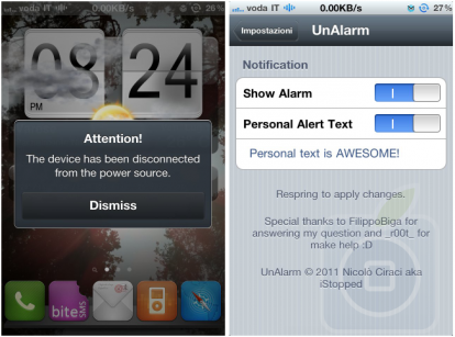 UnAlarm, un tweak per impostare un alarm quando l’iPhone viene disconnesso dall’alimentazione [Cydia]