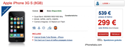 iPhone 3GS da 8GB in offerta a soli 299€ sul sito ufficiale di TIM