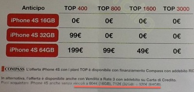3Italia vende l’iPhone 4S a 604€, 712€ e 820€