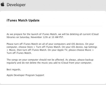 Le librerie iTunes Match degli sviluppatori saranno azzerate il 12 novembre