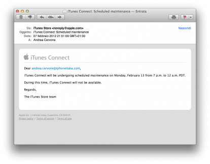 Sviluppatori: iTunes Connect sarà in manutenzione il giorno 13 febbraio