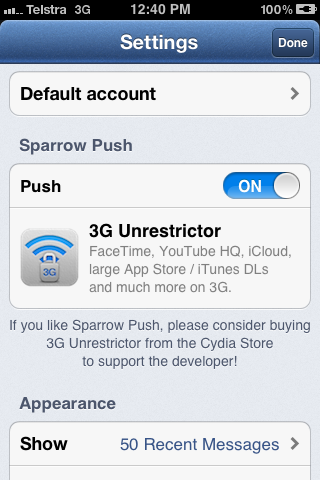 Sparrow Push, il tweak che aggiunge le notifiche push a Sparrow per iPhone – Cydia