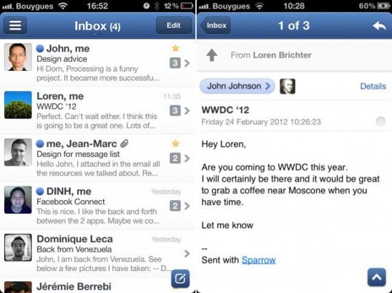 Sparrow: primo aggiornamento per il client di posta per iPhone, notifiche Push dalla prossima versione!