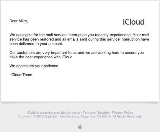 Apple invia una email di scuse per l’interruzione del servizio di iCloud