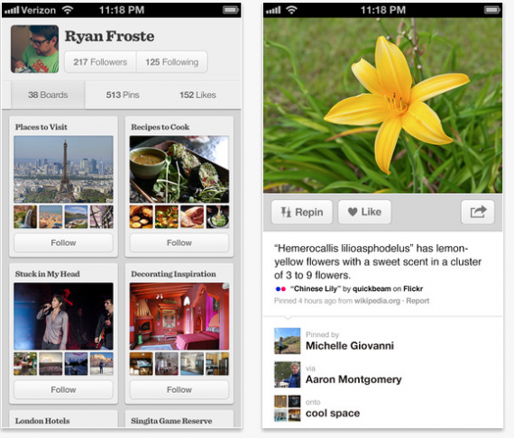 L’applicazione ufficiale di Pinterest si aggiorna le mentions e le notifiche Push