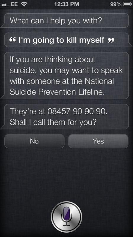 Siri consiglia l’assistenza di uno psicologo a chi pensa al suicidio
