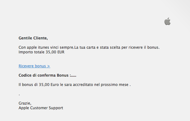 Attenzione: una falsa mail Apple promette 35€ di bonus su iTunes