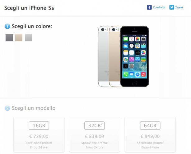 iPhone 5s spedito in 24 ore su Apple Store online