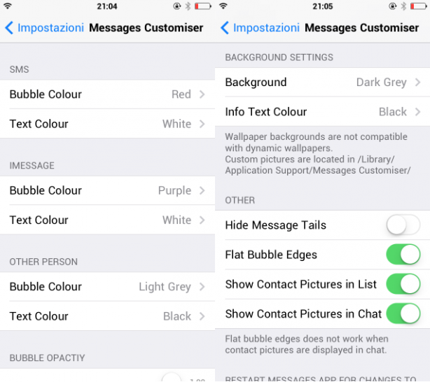 Personalizza le “bolle” e altre impostazioni dell’app Messaggi con Messages Customiser – Cydia