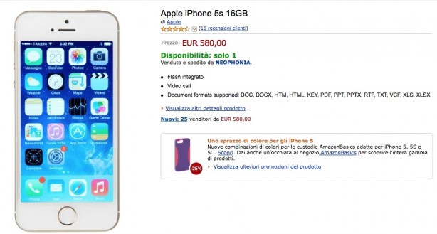 iPhone 5s 16GB a 580€ su Amazon!