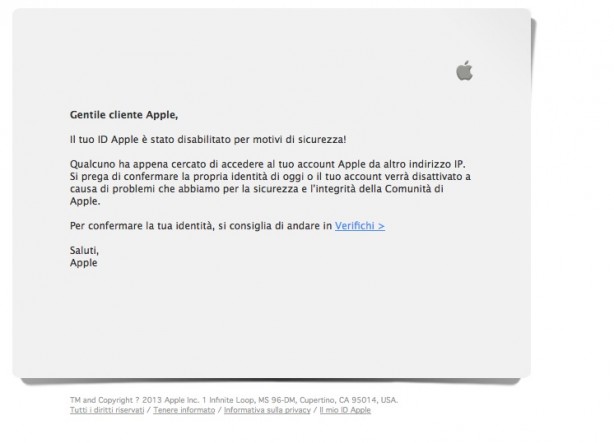 ATTENZIONE: nuova mail di phishing proveniente da un falso indirizzo Apple