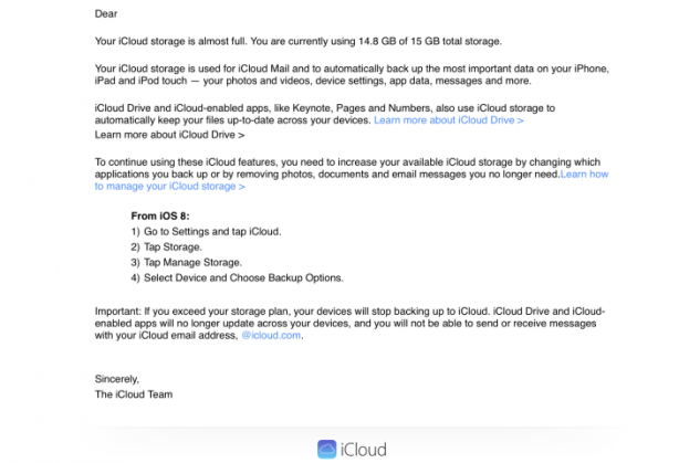 iCloud Drive & iOS 8: appaiono riferimenti nelle mail di avviso dello storage iCloud