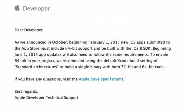 Apple ricorda agli sviluppatori di preparare le app a 64-bit prima della scadenza del termine