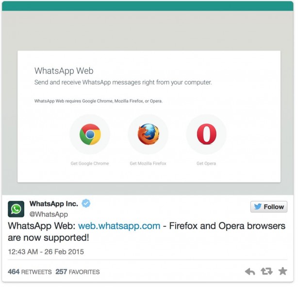 La versione web di Whatsapp ora funzionerà anche su Firefox e Opera