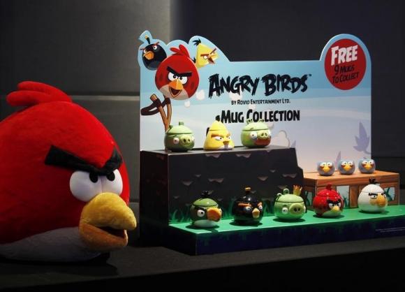 Angry Birds products are displayed during a news conference in Hong Kong