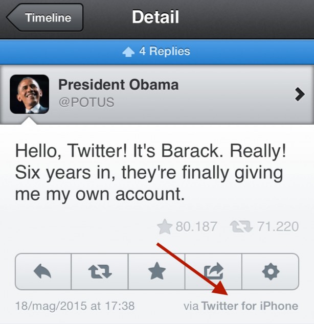 Il primo tweet del nuovo account personale del Presidente Barack Obama e stato scritto da un iPhone