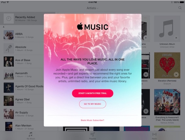 iOS 8.4 beta 4 mostra la schermata di login ad Apple Music