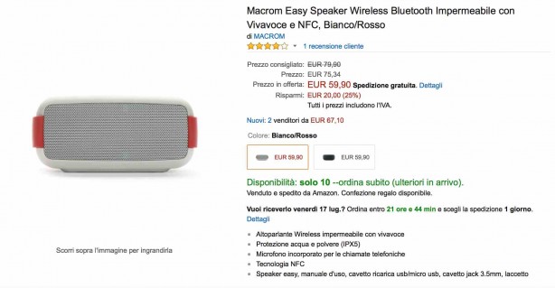 Amazon Prime: in offerta lo speaker Bluetooth resistente all’acqua “Macrom Easy Speaker”