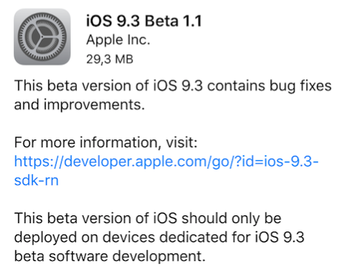 Apple rilascia iOS 9.3 beta 1.1 per gli sviluppatori!
