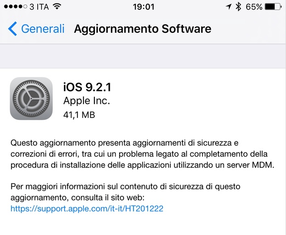 Apple rilascia iOS 9.2.1: bug fix e miglioramenti per la sicurezza