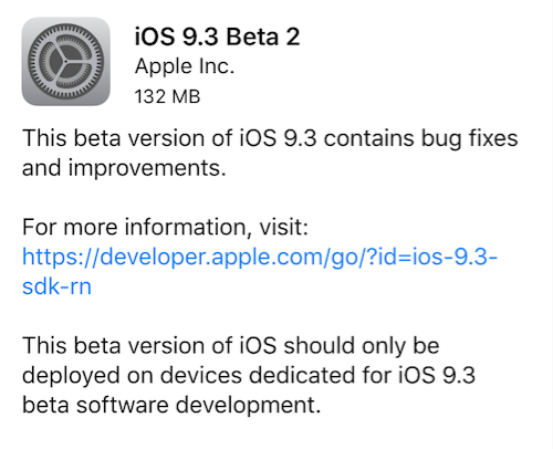 Apple rilascia iOS 9.3 beta 2 agli sviluppatori