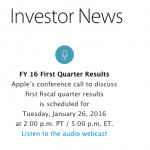 Apple annuncerà i dati finanziari del Q1 2016 il 26 Gennaio