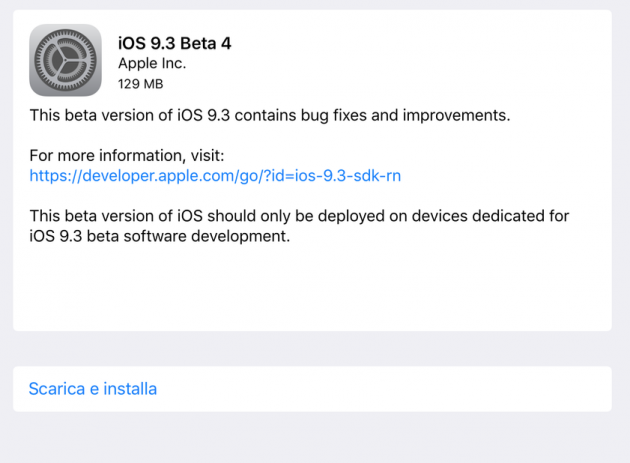 Disponibile iOS 9.3 beta 4 per iPad