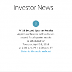 Apple sposta la conferenza finanziaria Q2 2016 al 26 aprile
