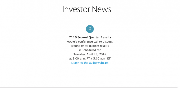 Apple sposta la conferenza finanziaria Q2 2016 al 26 aprile