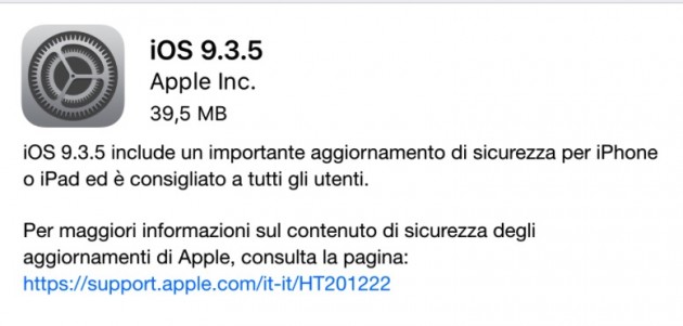 Apple rilascia iOS 9.3.5!