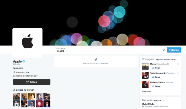 @Apple arriva su Twitter a margine della presentazione di iPhone 7