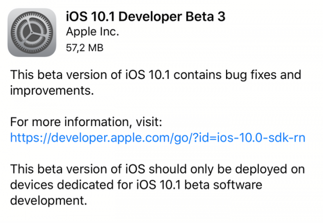 Apple rilascia iOS 10.1 beta 3