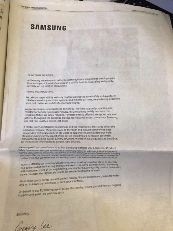 Samsung pubblica le sue scuse su diversi quotidiani USA