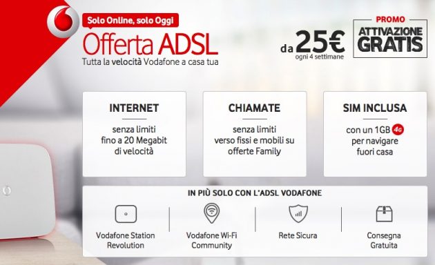 Solo per oggi, attivazione gratuita e risparmio di 192€ sulle offerte Vodafone ADSL e Fibra