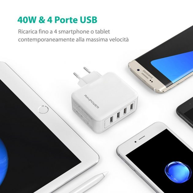 Super sconto per il caricatore da muro RAVPower con 4 porte USB