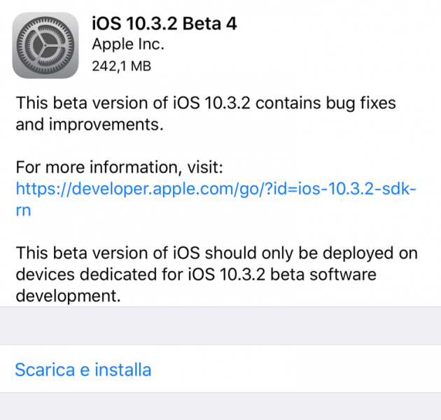 Apple rilascia iOS 10.3.2 beta 4, watchOS 3.2.2 beta 4 e tvOS 10.2.1 beta 4 [u]