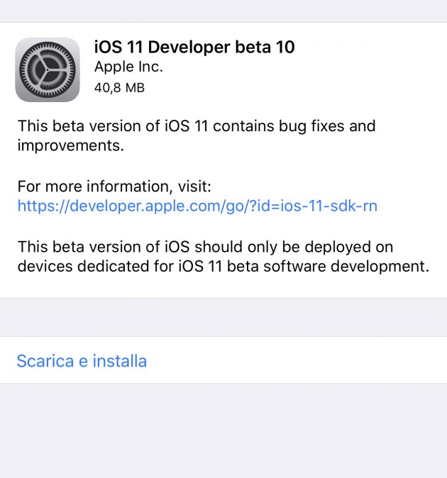 Apple rilascia iOS 11 beta 10 per gli sviluppatori e la beta 9 pubblica